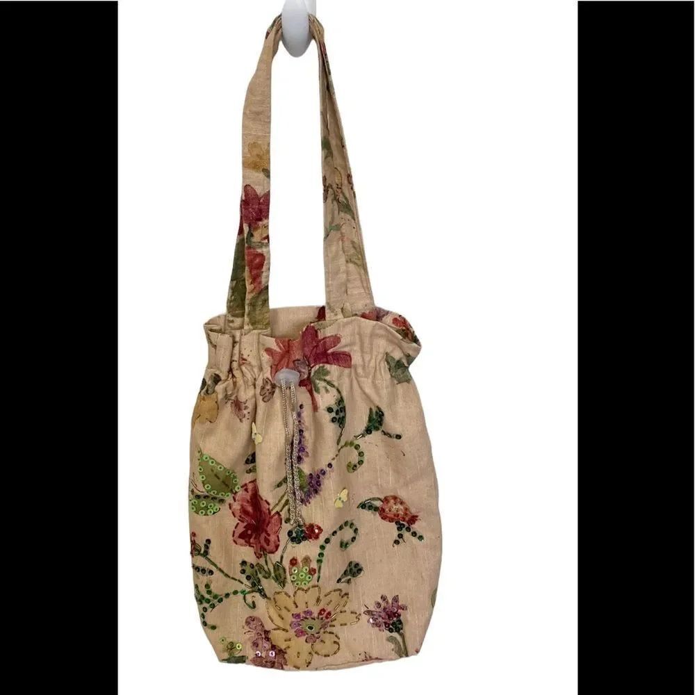 HandmadeβbohoΒ tan fabric floral sequins embroidery shoulderβbag